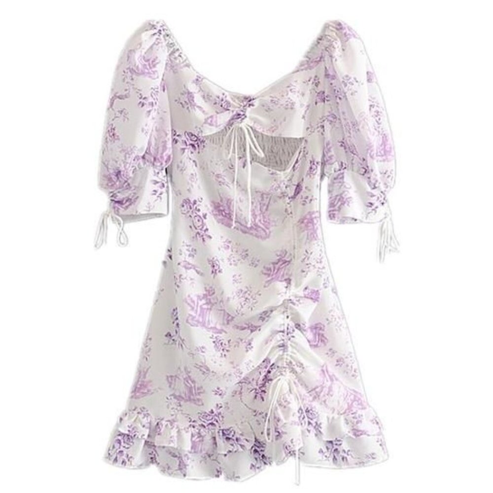 Strangers & Lovers White & Purple Floral Print Cut Out Puff Sleeve Ruched Dress
